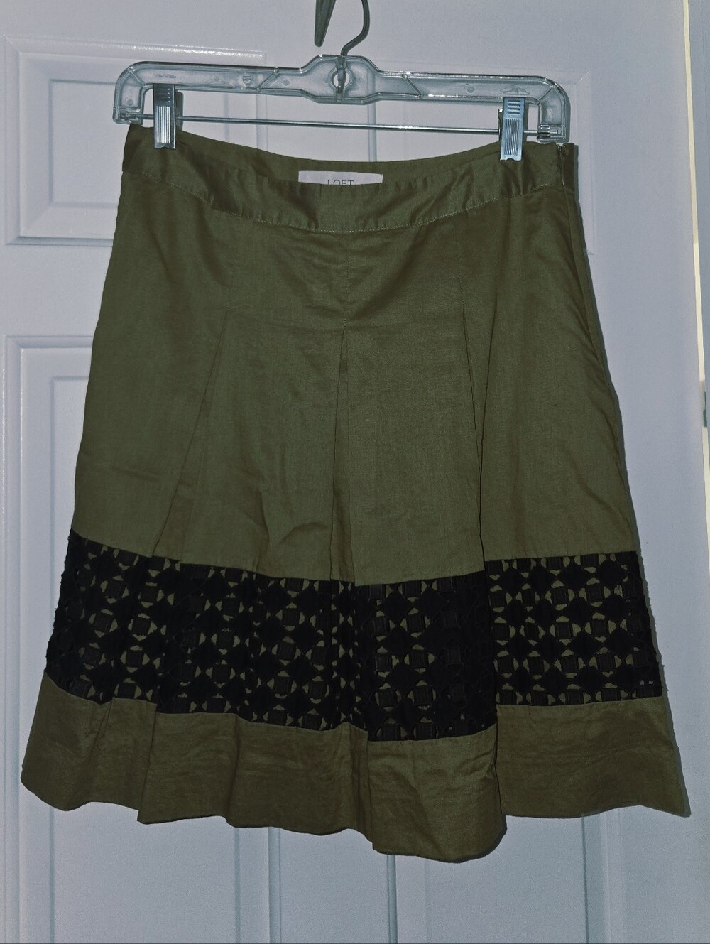 LOFT Olive Green A-Line Skirt with Black Eyelet Lace Cutout